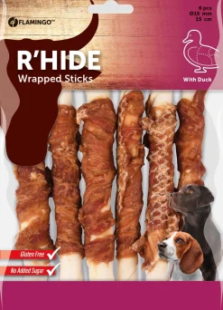 Hond Voeding|ohgreen R'hide duck wrapped stick 15mm 15cm 6st 180gr